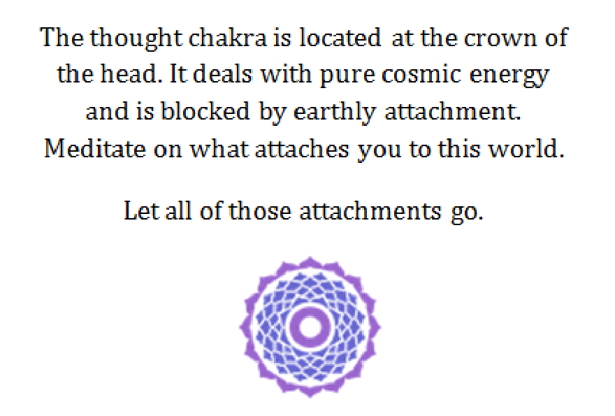 Crown Chakra: Il chakra del pensiero si trova nella corona della testa. Ha a che fare con la pura energia cosmica ed è bloccato dall'attaccamento terreno. Medita su ciò che ti lega a questo mondo. Lascia andare tutti questi attaccamenti.